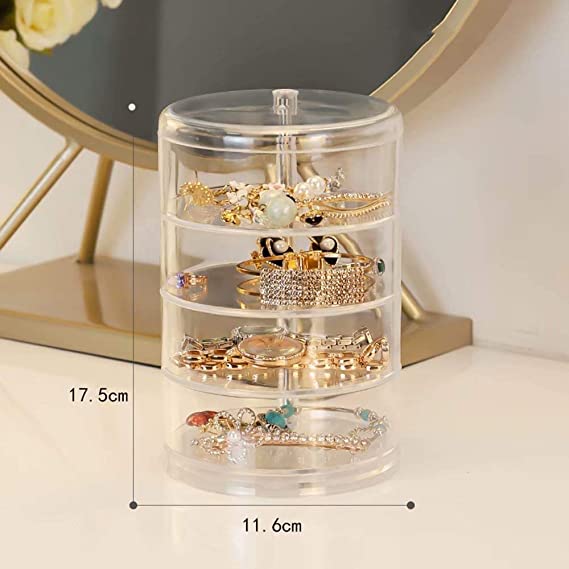 منظم اكسسوارات ومجوهرات شفاف 4 ادوار يدور 360 درجة للسلاسل والخواتم والحلقان