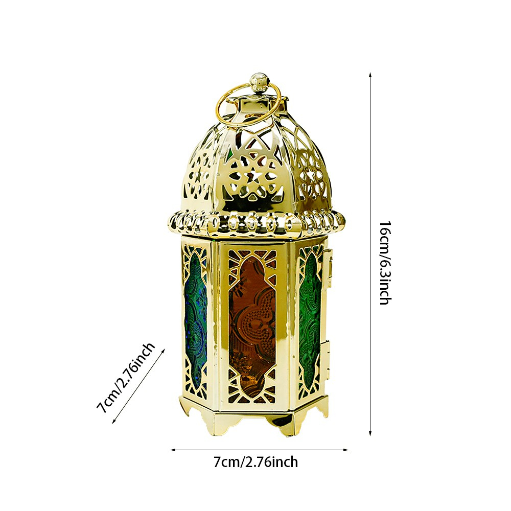 فانوس شمعة ذهبي مزخرف بابواب زجاجية ملونة