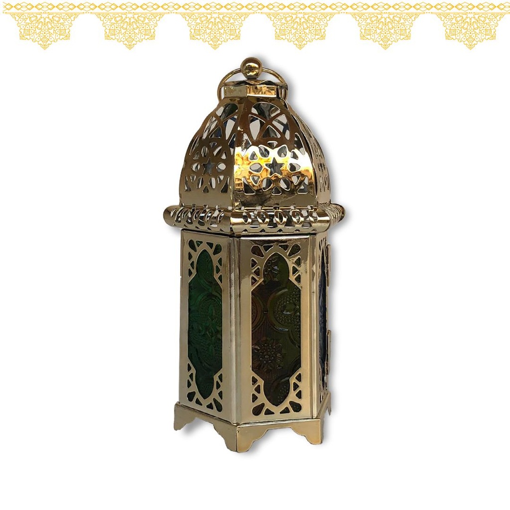 فانوس شمعة ذهبي مزخرف بابواب زجاجية ملونة