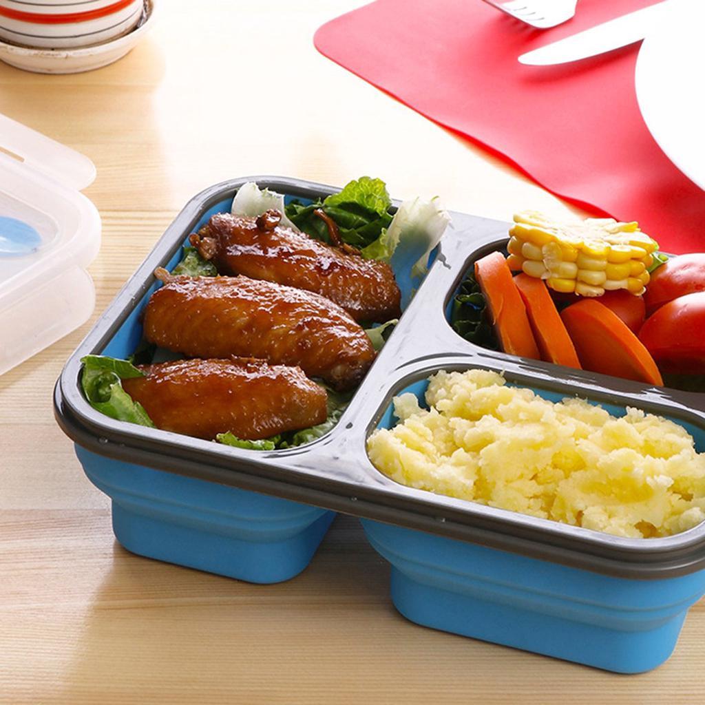 لانش بوكس سيليكون يدخل ميكرويف بغطاء محكم الغلق 3 اقسام مزود بمعلقة