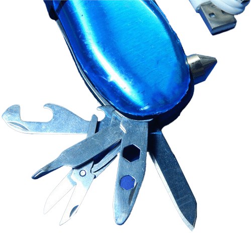 مصباح ليد وسويس نايف وسكين ومفك وفتاحة وكاسر زجاج طوارئ