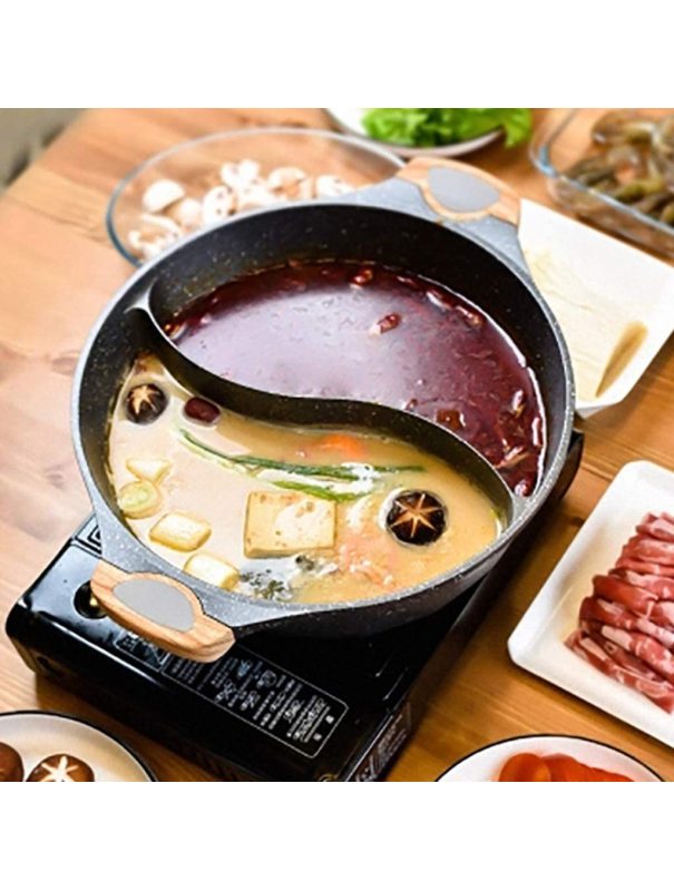 حلة جرانيت ثقيل غير لاصق مقسمة لجزئين بمقبض خشبي بغطاء اكليريك 24 سم