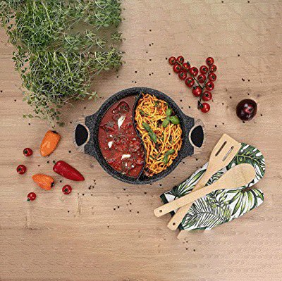 حلة جرانيت غير لاصق عميقة مقسمة لجزئين بمقبض خشبي عازل للحراره 28 سم