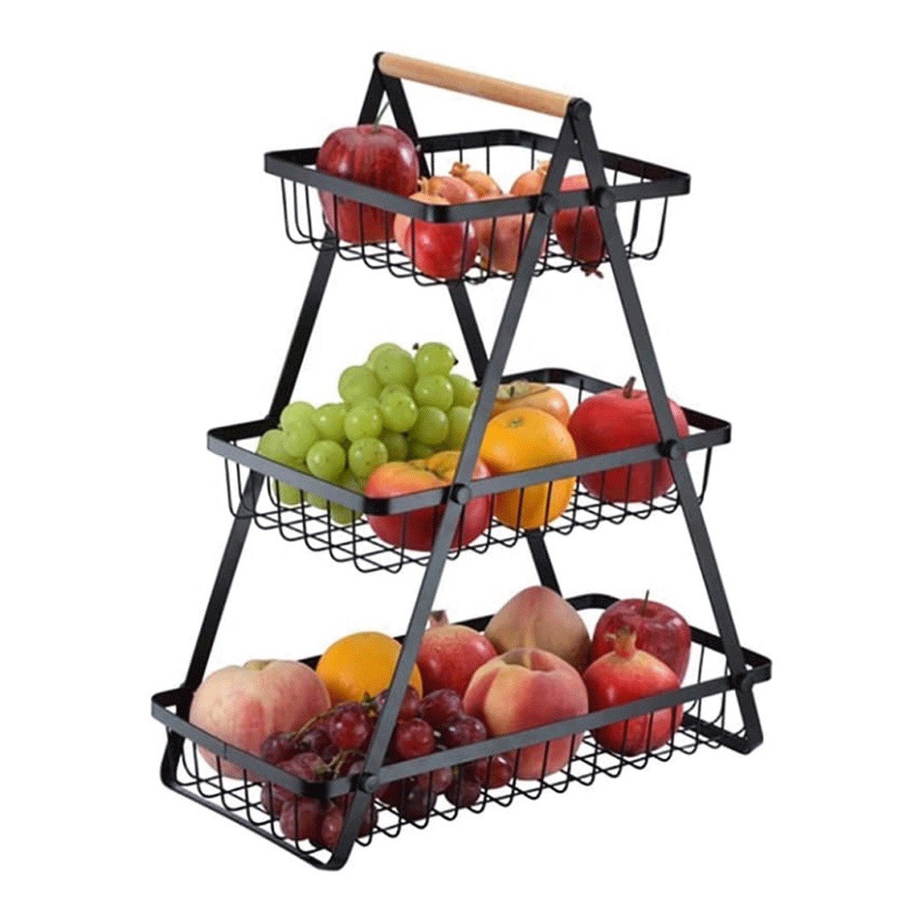 سلة 3 دور للخضروات الفواكه وأدوات المطبخ معدن بمقبض خشبي مريح