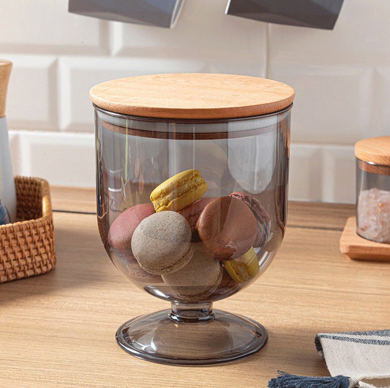 كأس لتقديم وحفظ الكاندي والشوكولاته والمكسرات اكليريك شفاف بغطاء خشب