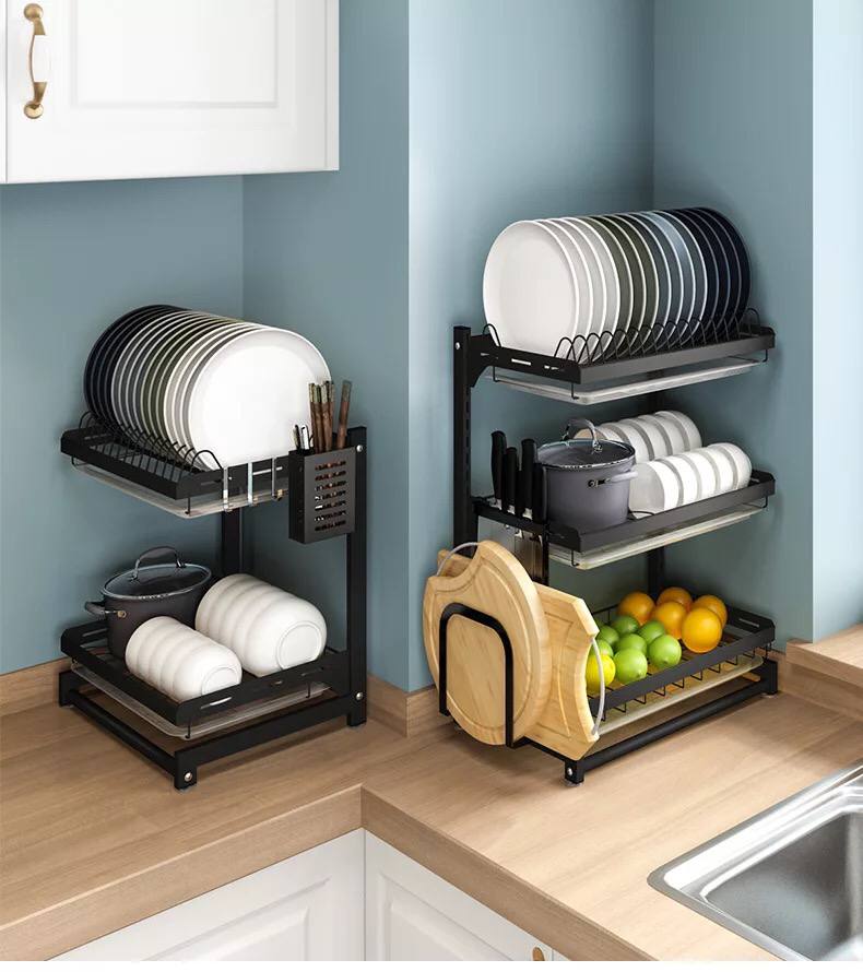 مطبقية استانلس ستيل ٣ رف لتنظيم وتجفيف الاواني بحوامل وعليقات جانبية للشوك والسكاكين وألواح التقطيع