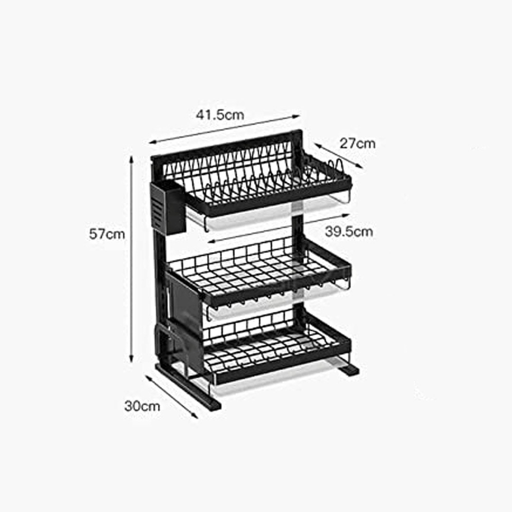 مطبقية استانلس ستيل ٣ رف لتنظيم وتجفيف الاواني بحوامل وعليقات جانبية للشوك والسكاكين وألواح التقطيع
