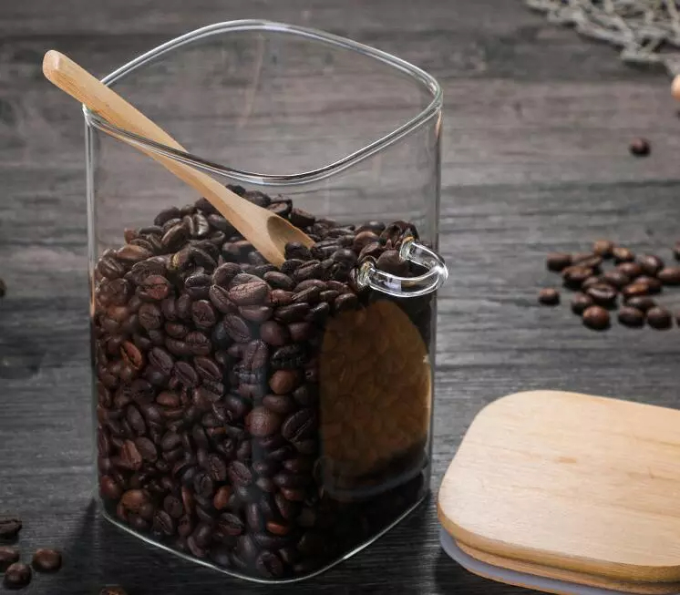 برطمان زجاجي بغطاء خشبي ومعلقة لحفظ وتخزين الحبوب والبقوليات والتوابل متعدد الاستخدام