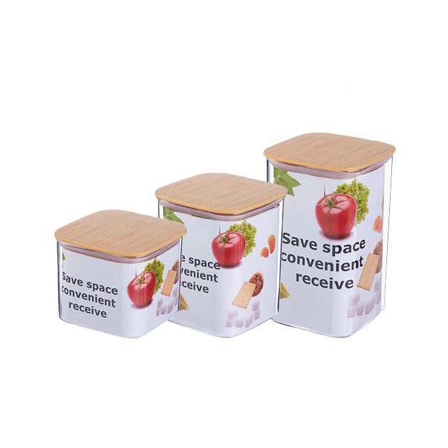 طقم علب 3 قطع بمقاسات مختلفة لحفظ وتخزين الارز والحبوب والبقوليات بغطاء شكل خشبي محكم الغلق
