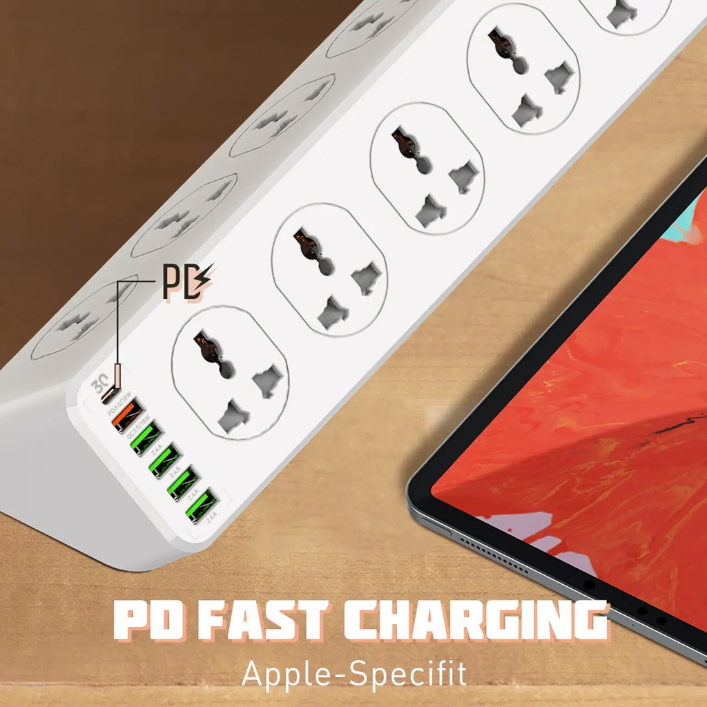 مشترك كهربائي كبير يتكون من 10 فيشة و 5 منافذ يو اس بي ومنفذ تايب سي مضاد للأشتعال