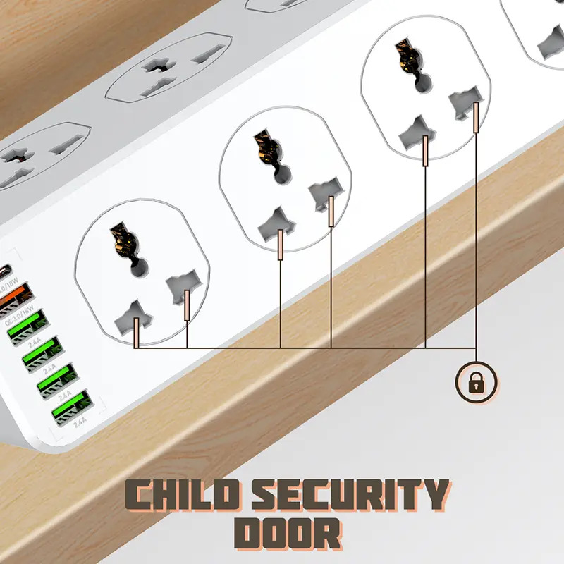 مشترك كهربائي كبير يتكون من 10 فيشة و 5 منافذ يو اس بي ومنفذ تايب سي مضاد للأشتعال