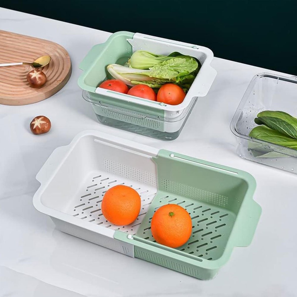 صفاية وسلة لغسيل الخضار والفاكهة قابلة للفرد مع طبق اكليريك شفاف بيدين لسهولة الحمل