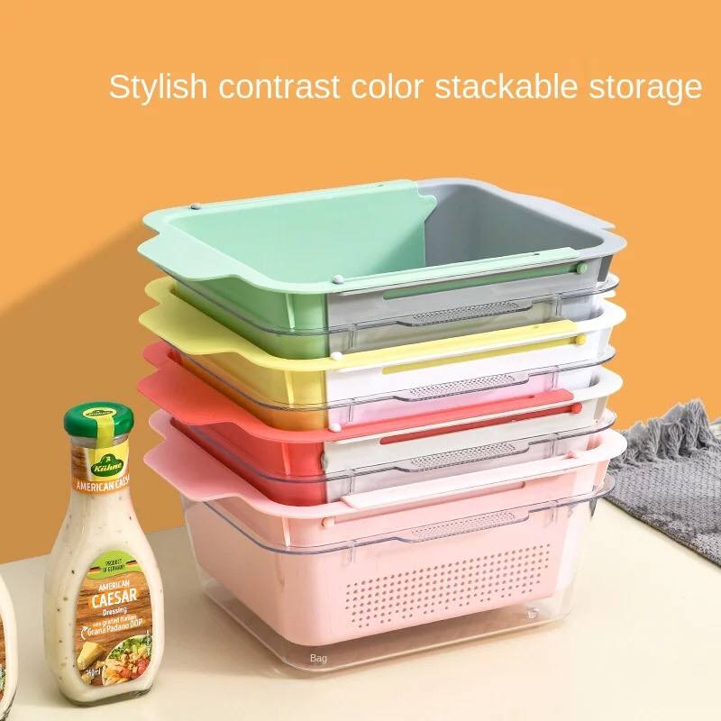 صفاية وسلة لغسيل الخضار والفاكهة قابلة للفرد مع طبق اكليريك شفاف بيدين لسهولة الحمل