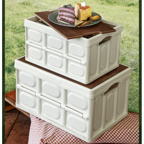 صندوق تخزين بغطاء خشبي قابل للطي للتخييم وتنظيم ادوات المنزل متعدد الاستخدام