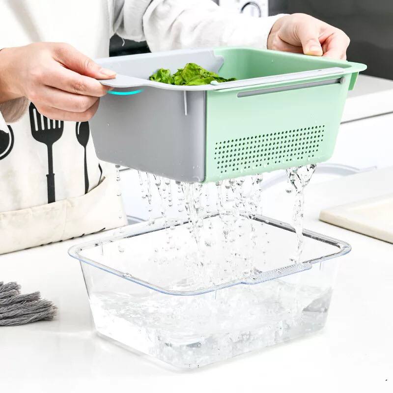 صفاية وسلة لغسيل الخضار والفاكهة قابلة للفرد والتوسعة مع طبق اكليريك شفاف بيدين لسهولة الحمل