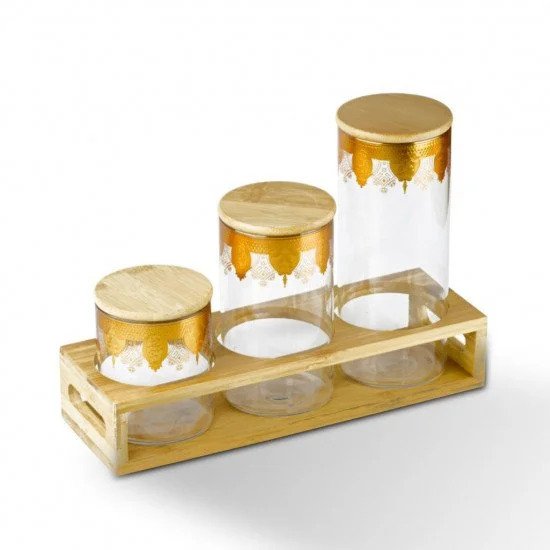 طقم مكسرات وكاندي شيك من الزجاج مع ستاند خشب 3 قطع