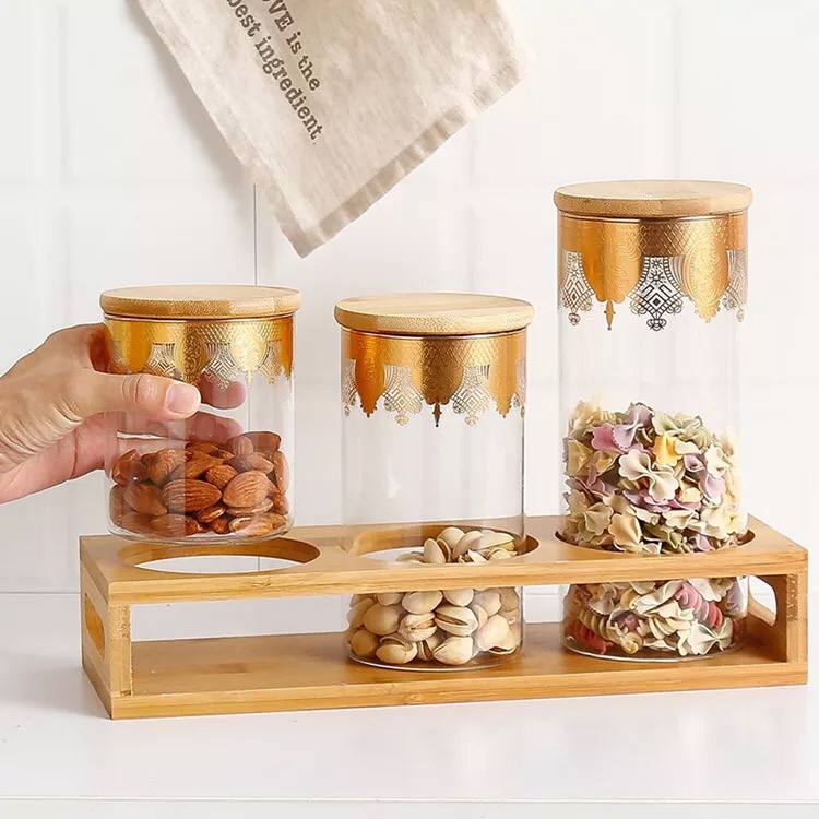 طقم مكسرات وكاندي شيك من الزجاج مع ستاند خشب 3 قطع