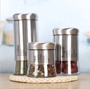 طقم توابل 3 قطع بمقاسات مختلفة لحفظ وتنظيم الفلفل والملح والشطة من الزجاج والاستانليس
