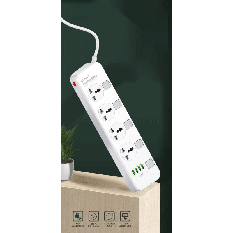 مشترك كهربائي 4 فيشةمع 4 منافذ يو اس بي بمفاتيح منفصلة سريع الشحن للأجهزة والموبايلات