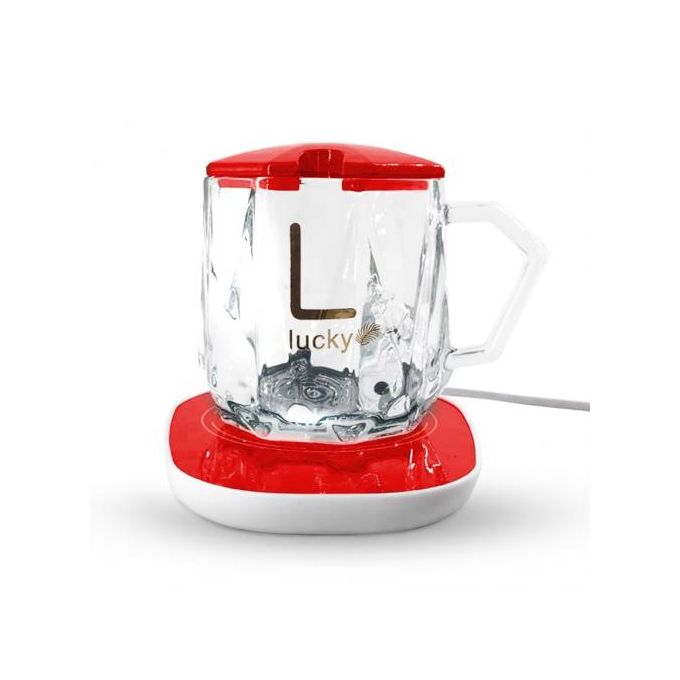 مج زجاجي بقاعدة سخان كهرباء ومعلقة للأستمتاع بالقهوة والمشروبات الدافئة طوال اليوم