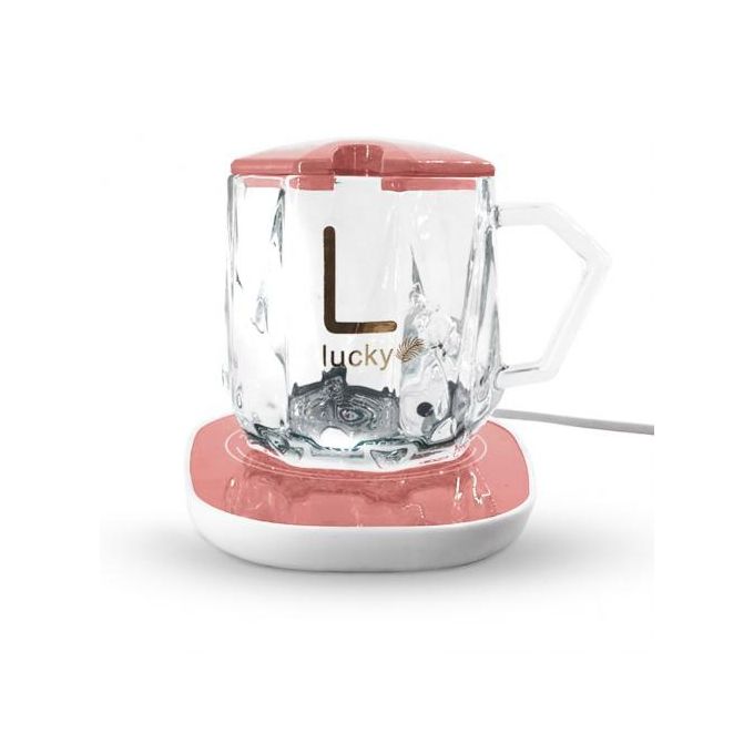 مج زجاجي بقاعدة سخان كهرباء ومعلقة للأستمتاع بالقهوة والمشروبات الدافئة طوال اليوم