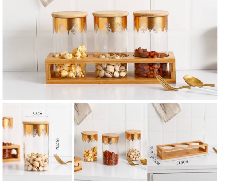 طقم علب لحفظ وتنظيم البقوليات والتوابل والمكسرات والكاندي 3 قطع مع حامل خشبي من الزجاج