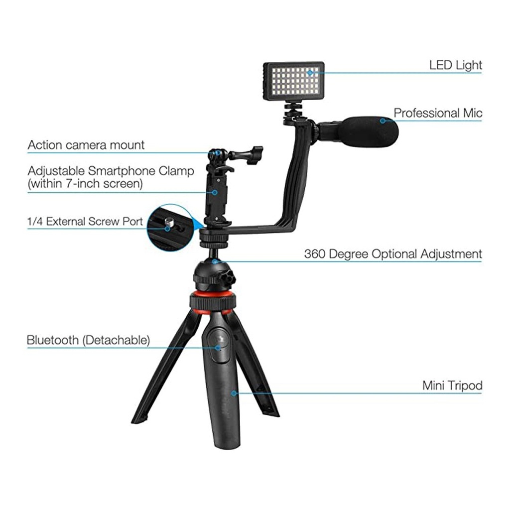 طقم التسجيل بديل للاستوديو ترايبود ثلاثي القوائم مع جهاز التحكم عن بعد مع حامل للكاميرا والموبايل وميكروفون ولوحة اضاءة ب 3 درجات الوان مختلفة