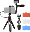 طقم التسجيل بديل للاستوديو ترايبود ثلاثي القوائم مع جهاز التحكم عن بعد مع حامل للكاميرا والموبايل وميكروفون ولوحة اضاءة ب 3 درجات الوان مختلفة