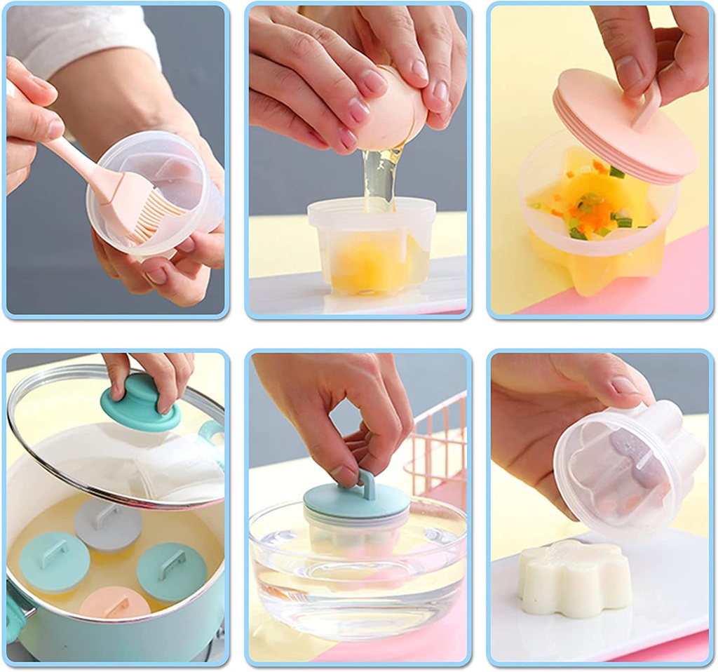 مجموعة سلق بيض سيليكون 4 قطع باشكال مختلفة مع فرشة توزيع زيت