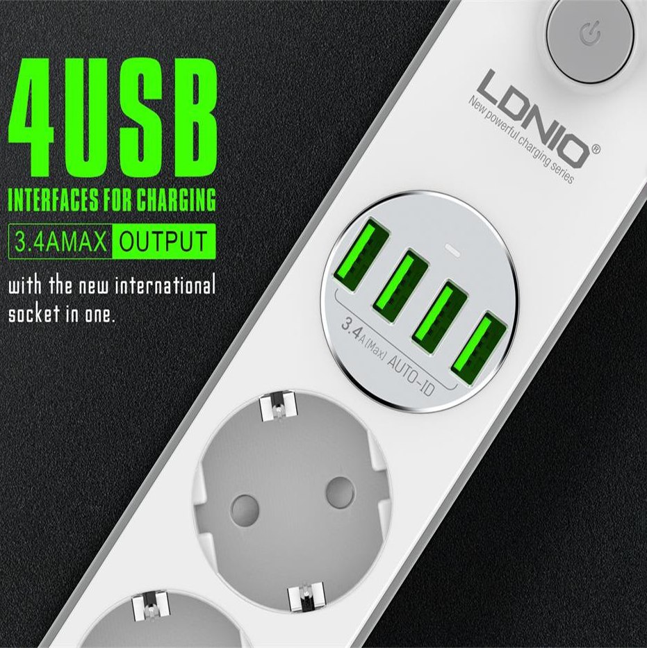 مشترك كهربائي سريع الشحن 4 فيشة مع 4 منافذ يو اس بي ليناسب جميع انواع الاجهزة مقاوم للأشتعال 2500 واط