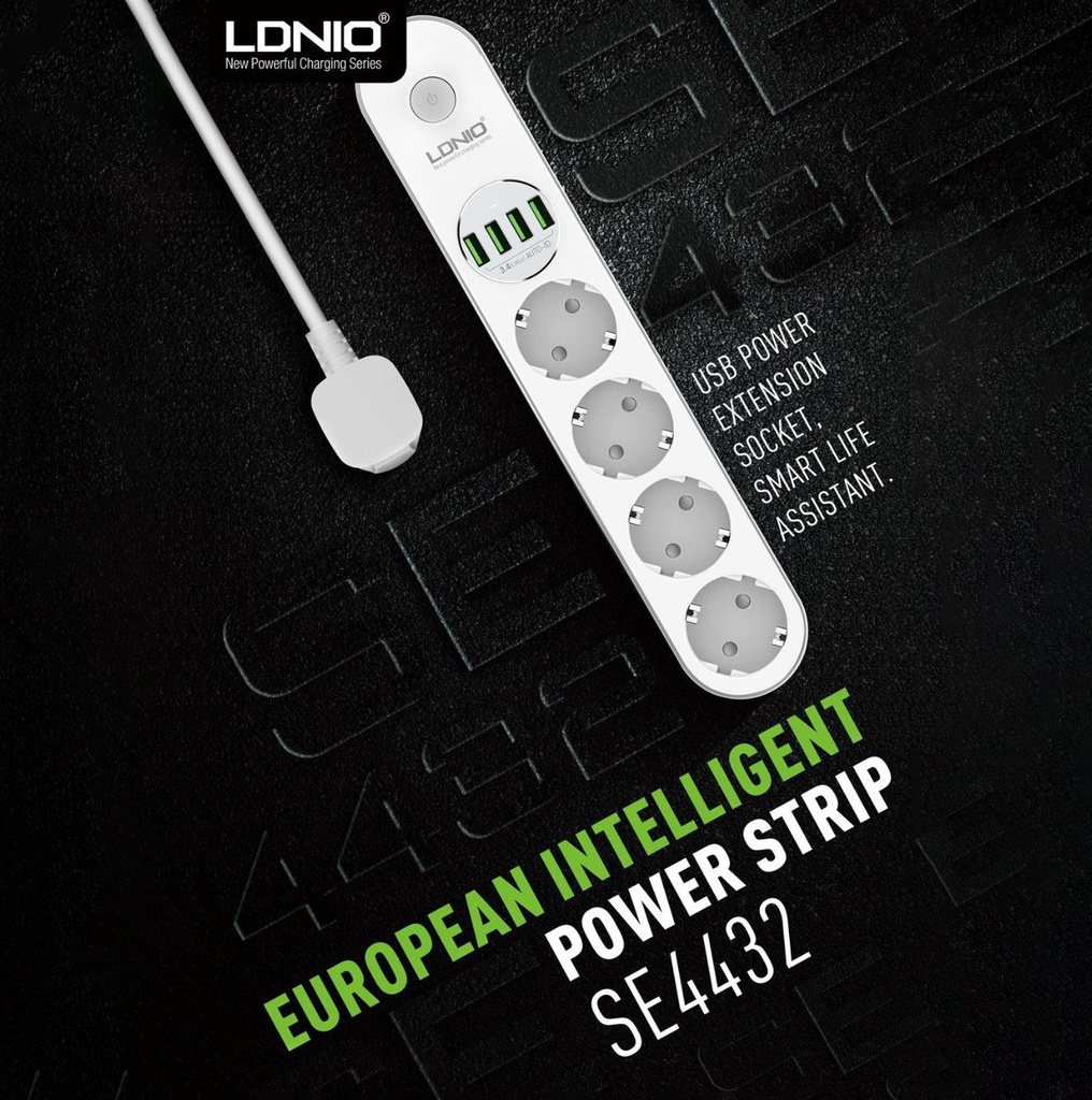 مشترك كهربائي سريع الشحن 4 فيشة مع 4 منافذ يو اس بي ليناسب جميع انواع الاجهزة مقاوم للأشتعال 2500 واط