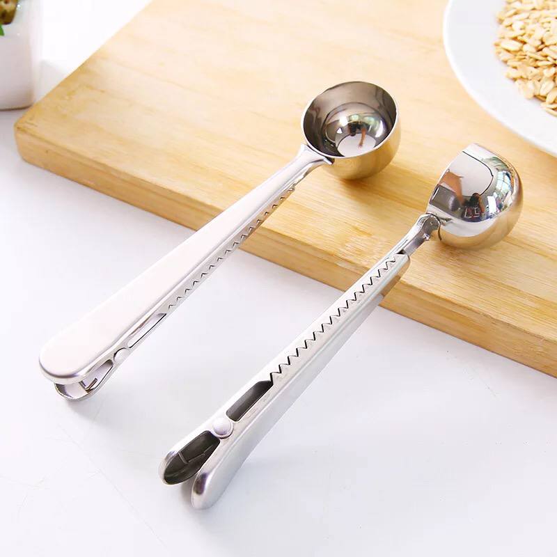 ملعقة معيار للقهوة ومشبك غالق الاكياس 2 في 1 من الاستانلس غير قابل للصدا