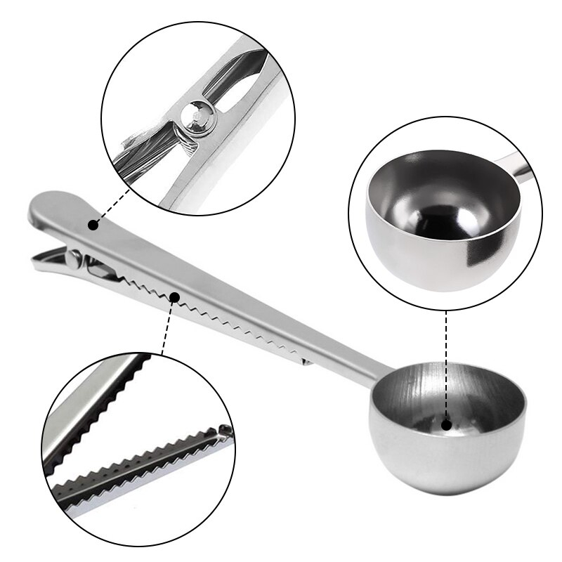 ملعقة معيار للقهوة ومشبك غالق الاكياس 2 في 1 من الاستانلس غير قابل للصدا