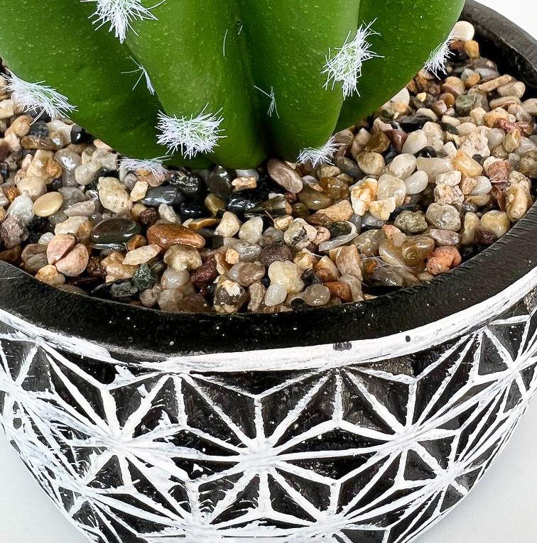 صبار صناعي باصيص فخار مزخرف باللون الابيض والاسود لتجديد الديكور