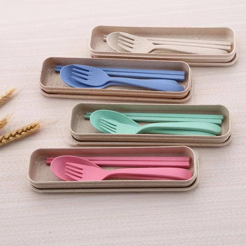 طقم ملعقة وشوكة وشوب ستيك من قش القمح الصحي للأكل في أي مكان