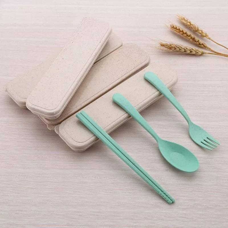 طقم ملعقة وشوكة وشوب ستيك من قش القمح الصحي للأكل في أي مكان