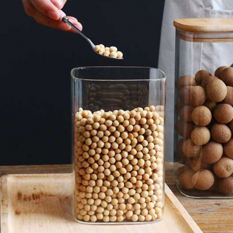 طقم برطمانات زجاجي مربع الشكل 3 قطع باحجام مختلفة لحفظ وتخزين الحبوب والبقوليات والتوابل بغطاء خشبي