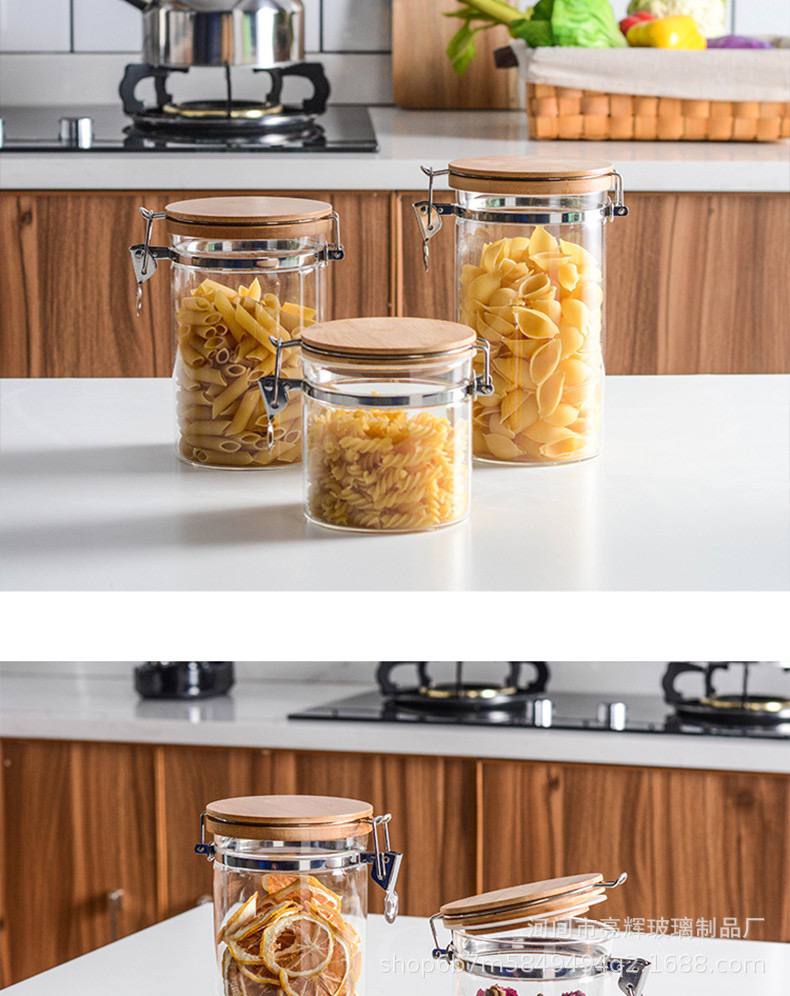 طقم برطمانات زجاجي 3 قطع باحجام مختلفة بغطاء خشبي محكم الغلق لحفظ وتخزين الشاي والسكر والحبوب والبقوليات