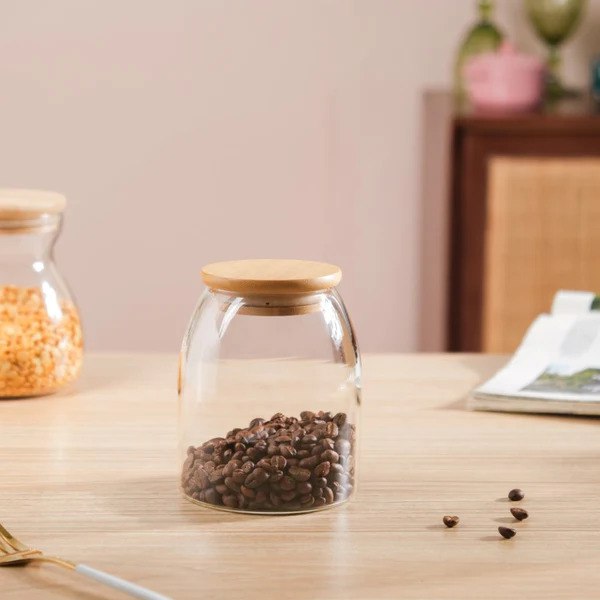 برطمان زجاجي لحفظ وتنظيم التوابل والشاي والقهوة والمكسرات بغطاء خشبي محكم الغلق 450 ملي