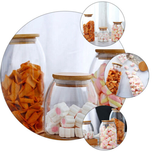 طقم برطمانات بيضاوي الشكل 3 قطع باحجام مختلفة لحفظ وتخزين البقوليات والتوابل بغطاء خشبي محكم الغلق