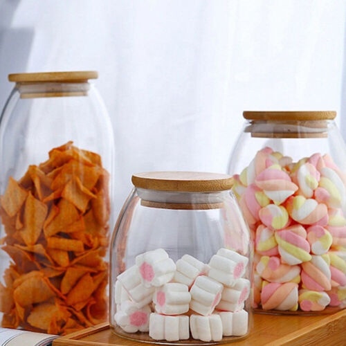 طقم برطمانات بيضاوي الشكل 3 قطع باحجام مختلفة لحفظ وتخزين البقوليات والتوابل بغطاء خشبي محكم الغلق