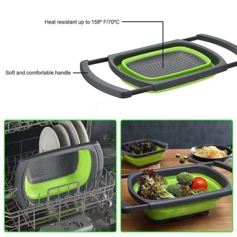 صفاية وسلة لغسيل الخضار والفاكهة قابلة للطي سيليكون بيدين متحركين للتثبيت علي أي حوض مطبخ