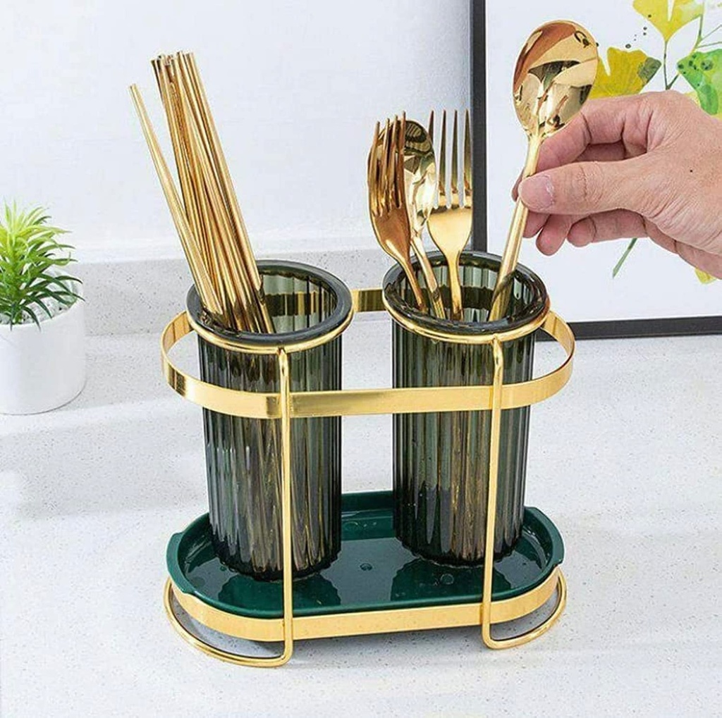 حامل ومصفاة زوجي للمعالق والشوك والسكاكين بصينية قابلة للفك