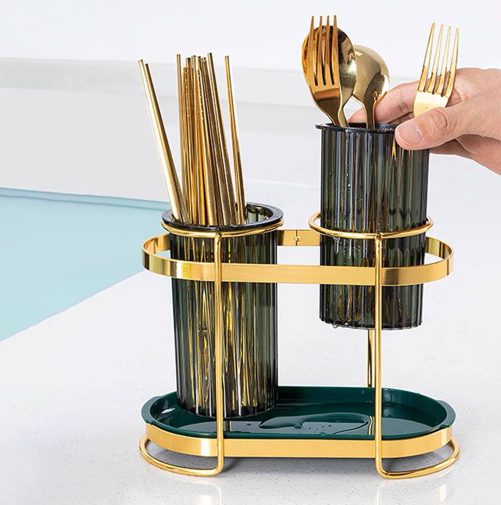 حامل ومصفاة زوجي للمعالق والشوك والسكاكين بصينية قابلة للفك