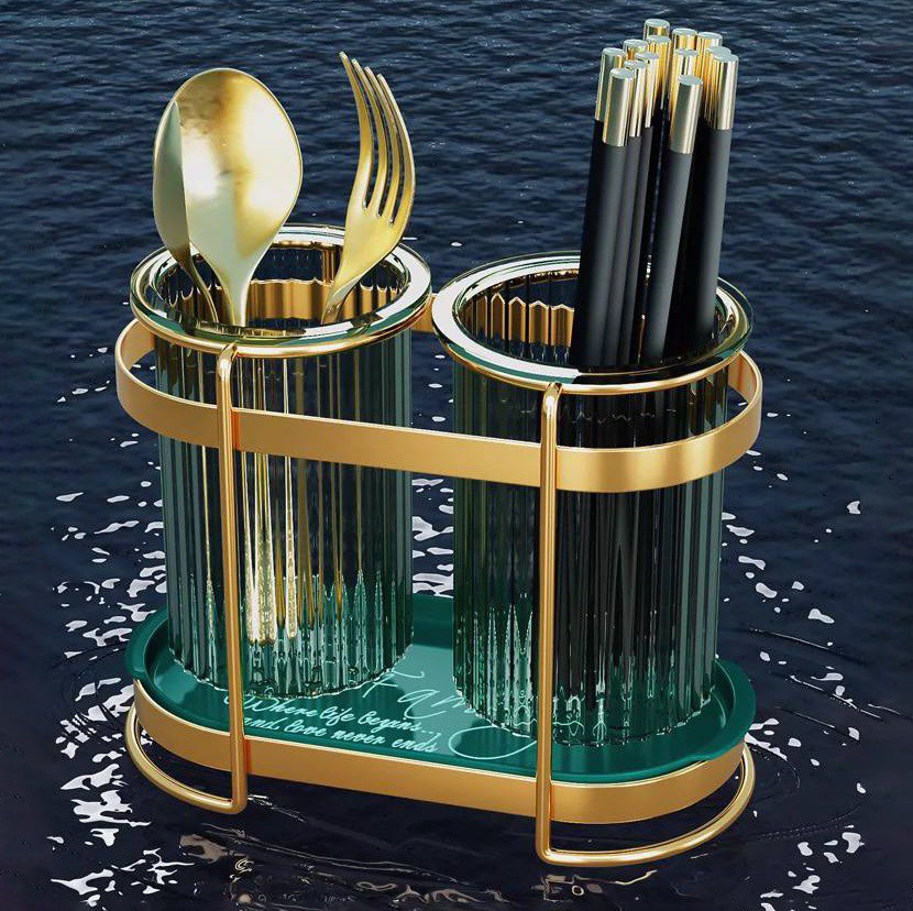 حامل ومصفاة زوجي للمعالق والشوك والسكاكين بصينية قابلة للفك