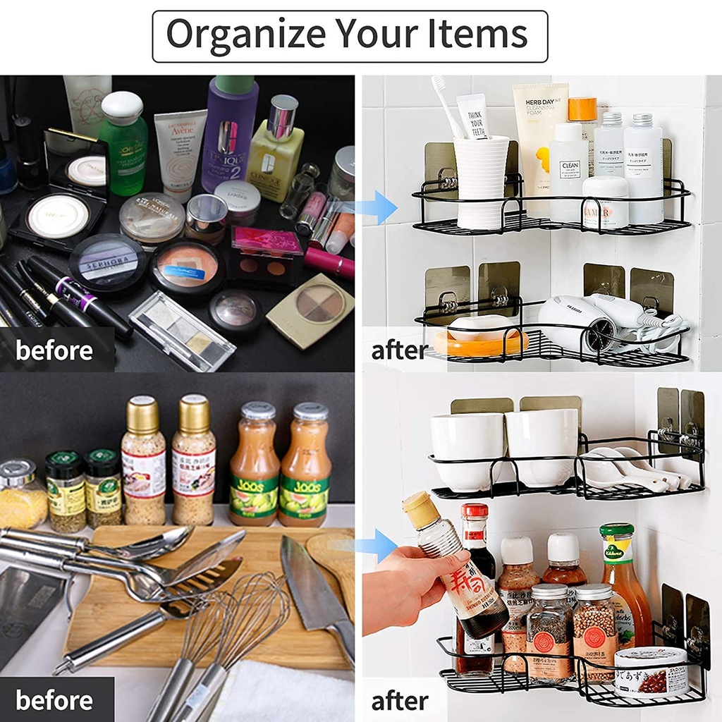 رف ركنة معدن منظم وحامل لادوات الحمام والمطبخ كالشامبو والشاور والتوابل وزجاجات الزيت بلزق دبل فيس قوي