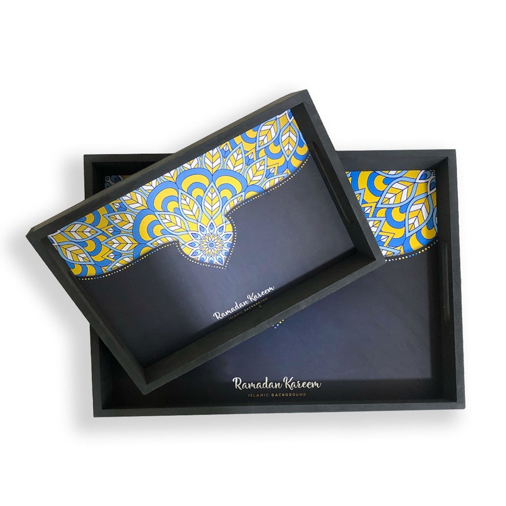 طقم صواني رمضان كريم قطعتين خشب بيد لتقديم الشاي والقهوة والحلويات للضيوف