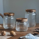 طقم برطمانات زجاج منقرش 3 قطع باحجام مختلفة لحفظ وتخزين الحبوب والبقوليات والتوابل بغطاء خشبي