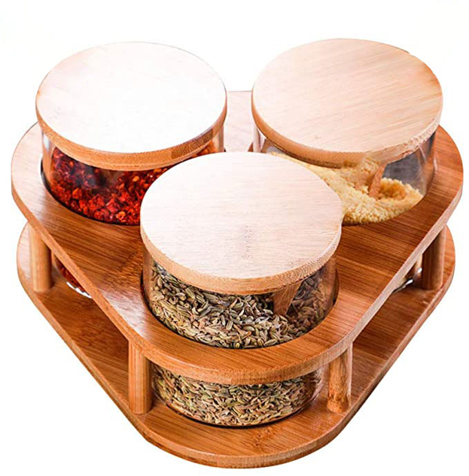 طقم توابل زجاج انيق  3 قطع بحامل خشبي يدور 360 درجة وغطاء محكم الغلق