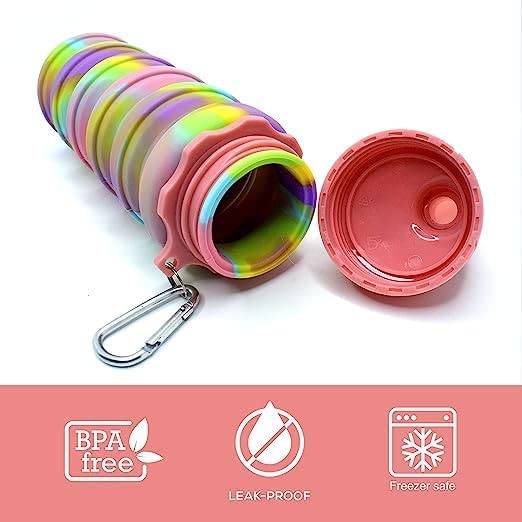 زجاجة مياه سيليكون قابله للطي للرحلات والسفر وتسلق الجبال بميدالية لسهولة الحمل والتعليق